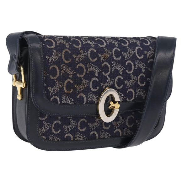 CELINE C saluki Shoulder Bag Canvas Navy Gold Auth 210302