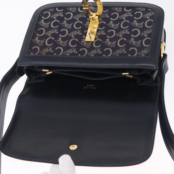 CELINE C saluki Shoulder Bag Canvas Navy Gold Auth 210302