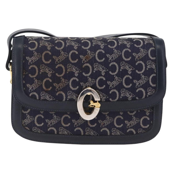 CELINE C saluki Shoulder Bag Canvas Navy Gold Auth 210302