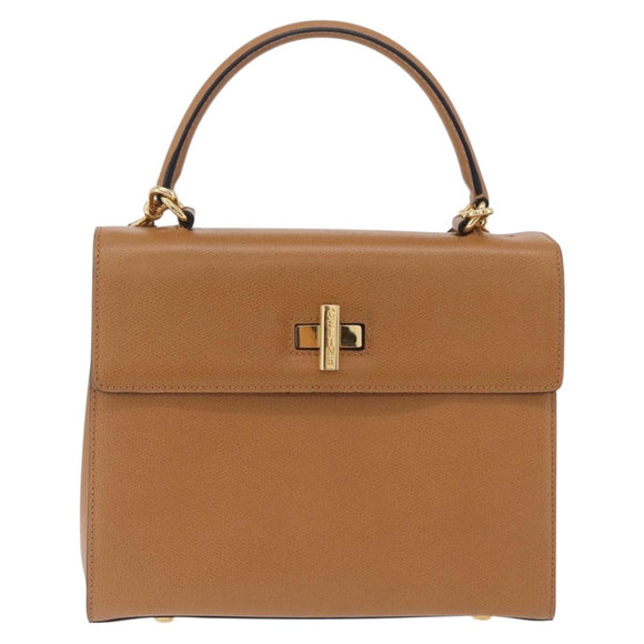 CELINE Hand Bag Leather 2way Beige Gold Auth 210316