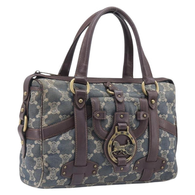 CELINE Paris Macadam Canvas Horse Carriage Hand Bag Blue Gold Auth 210319