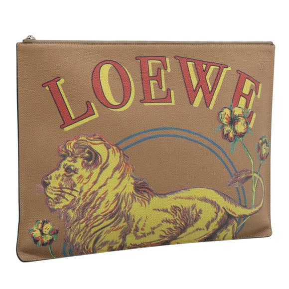 LOEWE Clutch Bag Leather Brown Silver Auth 210375M