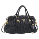 PRADA Gathered Hand Bag Leather 2way Black Gold Auth 210378A-1
