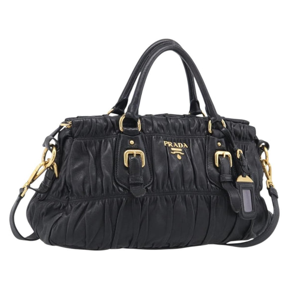 PRADA Gathered Hand Bag Leather 2way Black Gold Auth 210378A