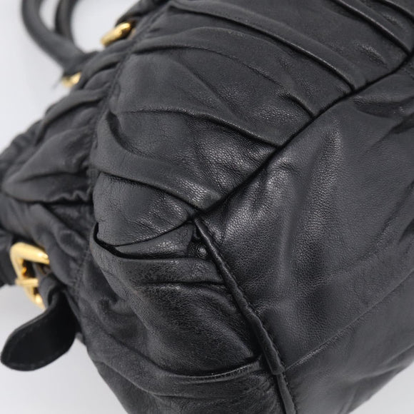 PRADA Gathered Hand Bag Leather 2way Black Gold Auth 210378A