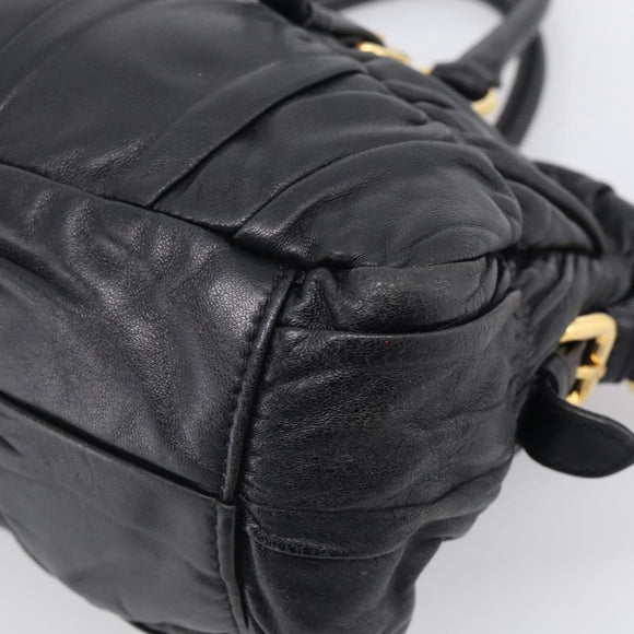 PRADA Gathered Hand Bag Leather 2way Black Gold Auth 210378A