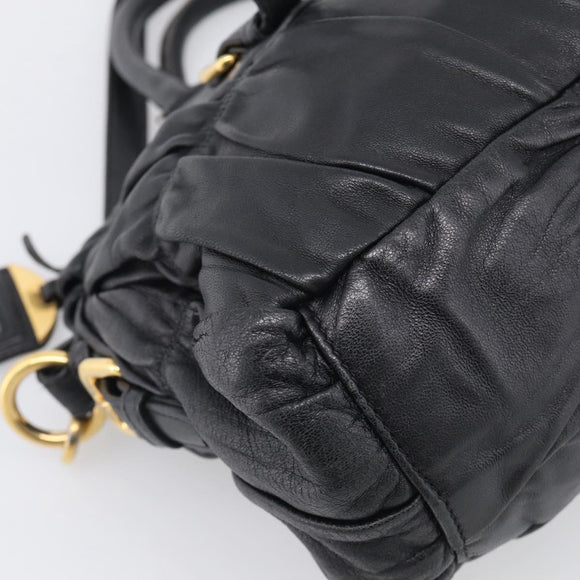 PRADA Gathered Hand Bag Leather 2way Black Gold Auth 210378A