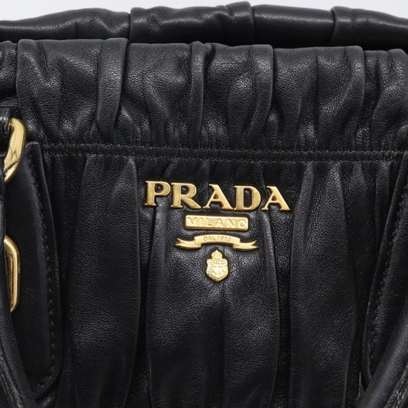 PRADA Gathered Hand Bag Leather 2way Black Gold Auth 210378A
