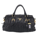 PRADA Gathered Hand Bag Leather 2way Black Gold Auth 210378A-2