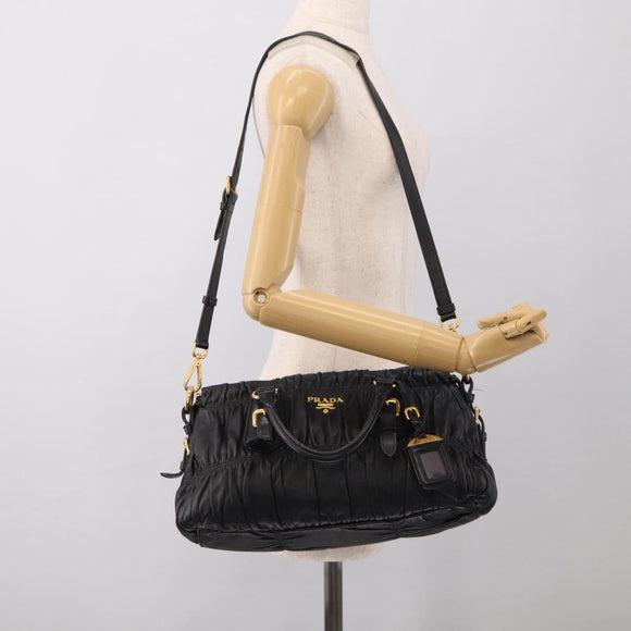 PRADA Gathered Hand Bag Leather 2way Black Gold Auth 210378A