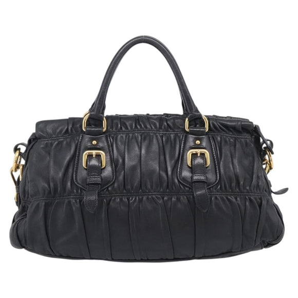 PRADA Gathered Hand Bag Leather 2way Black Gold Auth 210378A