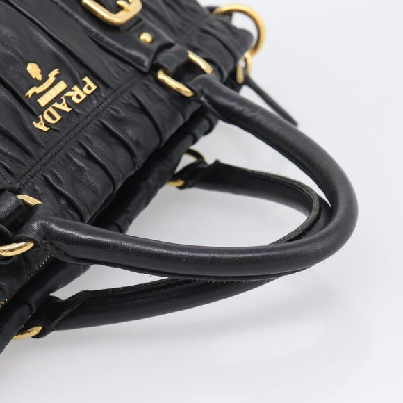 PRADA Gathered Hand Bag Leather 2way Black Gold Auth 210378A