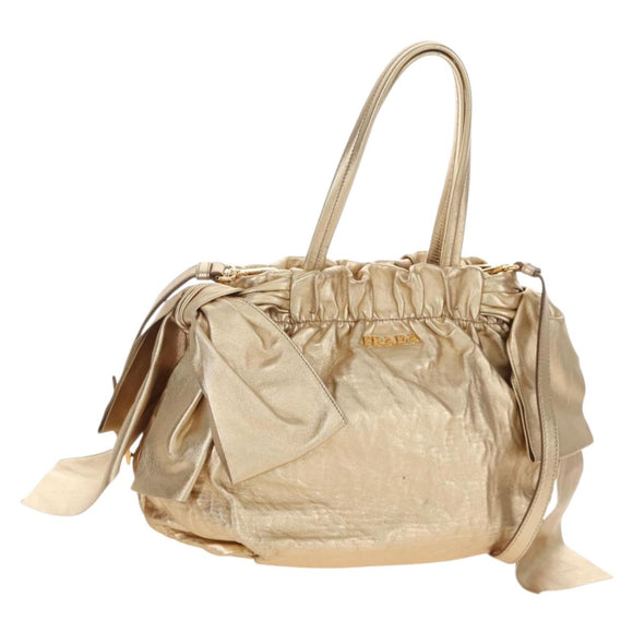 PRADA Hand Bag Leather 2way Gold Auth 210379SAM
