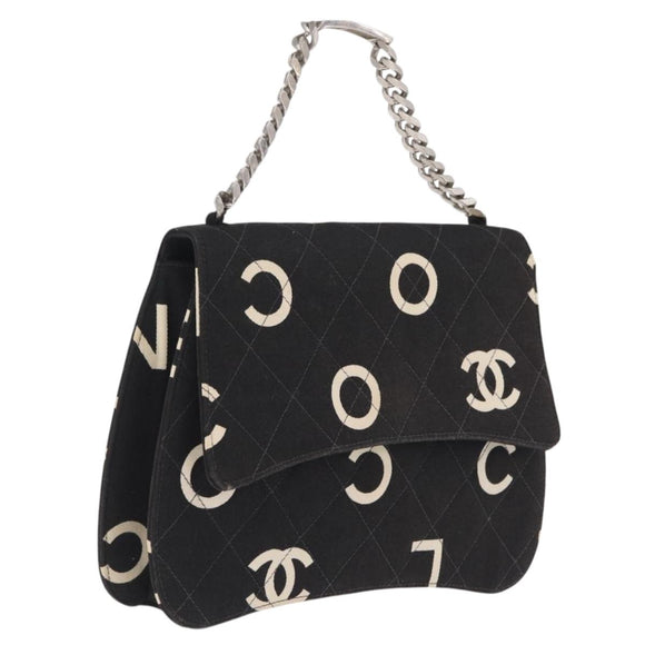 CHANEL Chain Hand Bag Canvas Black Silver CC Auth 210401A