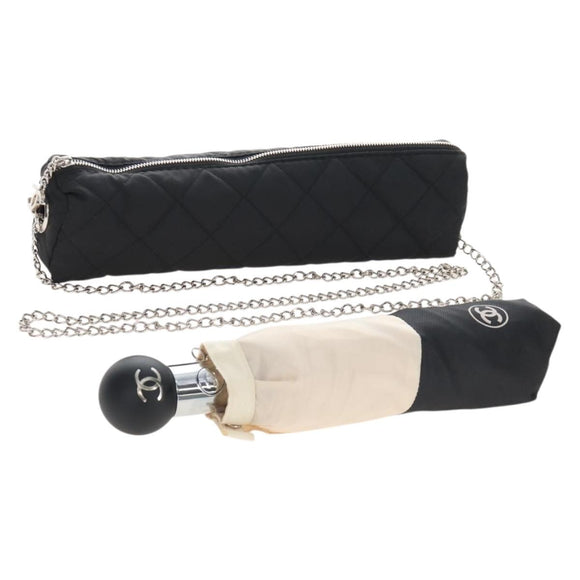 CHANEL Folding Umbrella Nylon Beige Silver CC Auth 210403SAM