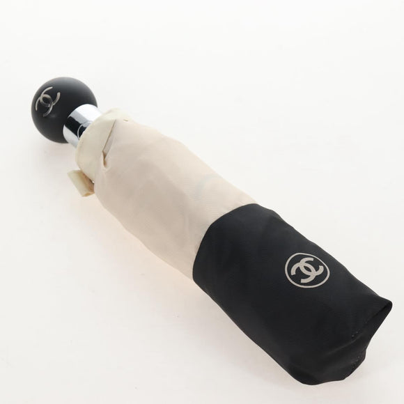 CHANEL Folding Umbrella Nylon Beige Silver CC Auth 210403SAM