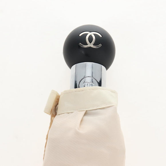 CHANEL Folding Umbrella Nylon Beige Silver CC Auth 210403SAM