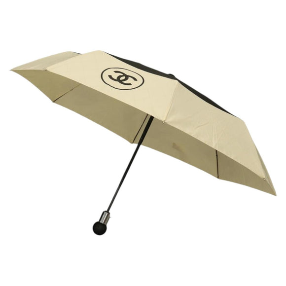 CHANEL Folding Umbrella Nylon Beige Silver CC Auth 210403SAM
