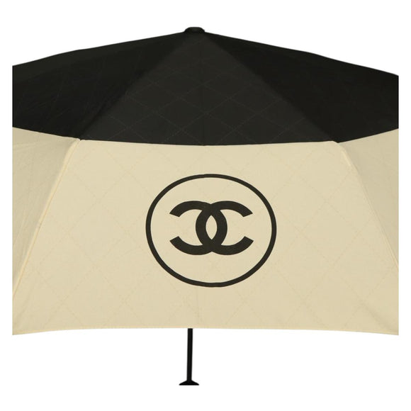 CHANEL Folding Umbrella Nylon Beige Silver CC Auth 210403SAM