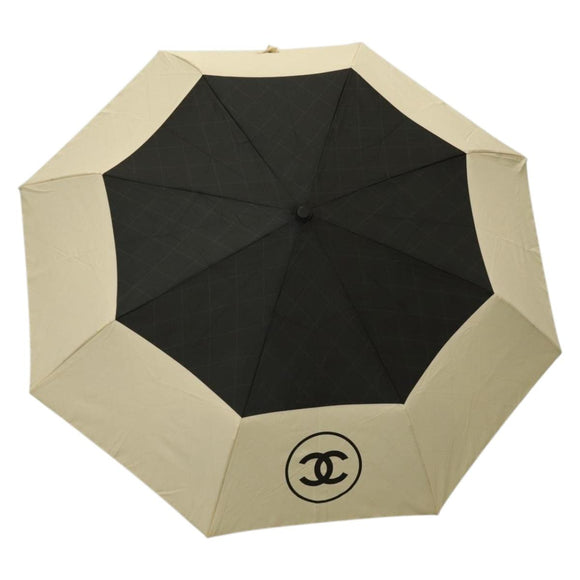 CHANEL Folding Umbrella Nylon Beige Silver CC Auth 210403SAM