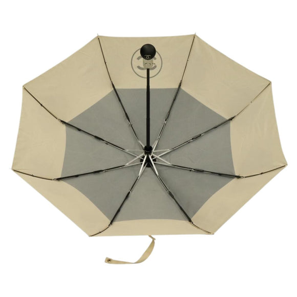CHANEL Folding Umbrella Nylon Beige Silver CC Auth 210403SAM