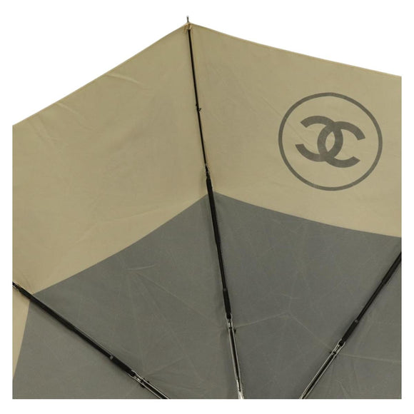 CHANEL Folding Umbrella Nylon Beige Silver CC Auth 210403SAM