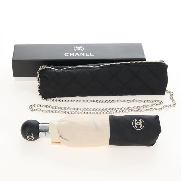 CHANEL Folding Umbrella Nylon Beige Silver CC Auth 210403SAM
