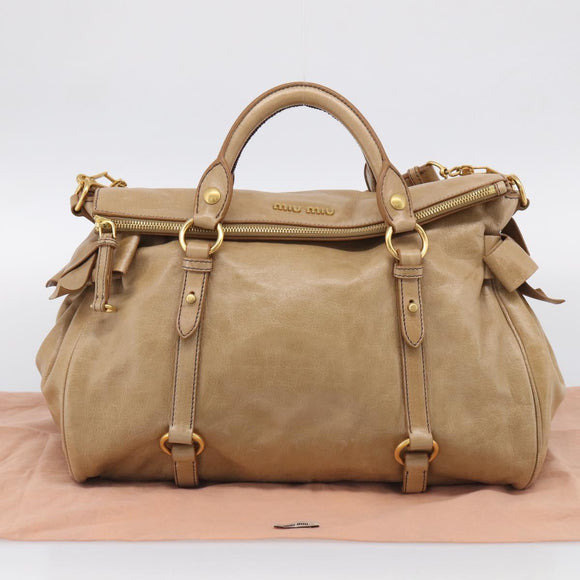 Miu Miu Vitellolux Hand Bag Leather 2way Beige Gold Auth 210423M