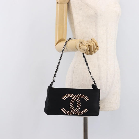 CHANEL COCO Mark Shoulder Bag Satin Black Silver CC Auth 210441V