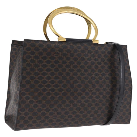 CELINE Macadam Canvas Hand Bag PVC Leather 2way Black Gold Auth 210448A