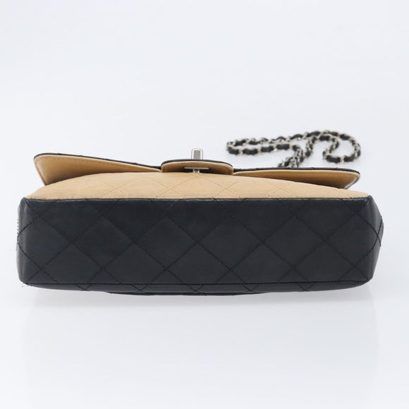 CHANEL Matelasse Chain Shoulder Bag Lamb Skin Black Beige CC Auth 210449V