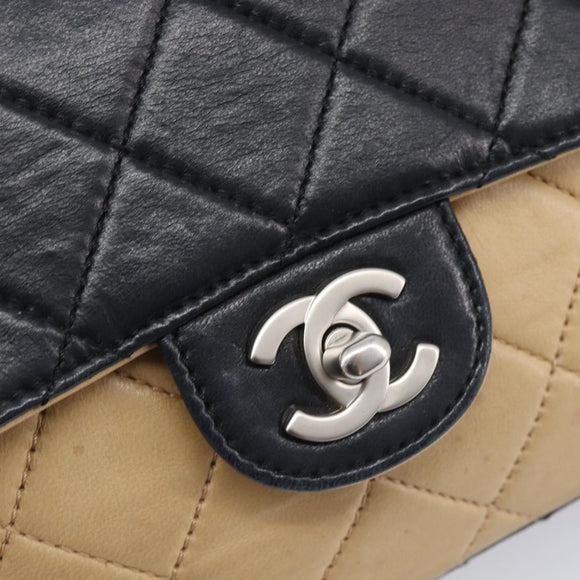 CHANEL Matelasse Chain Shoulder Bag Lamb Skin Black Beige CC Auth 210449V