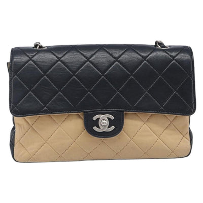 CHANEL Matelasse Chain Shoulder Bag Lamb Skin Black Beige CC Auth 210449V - 0