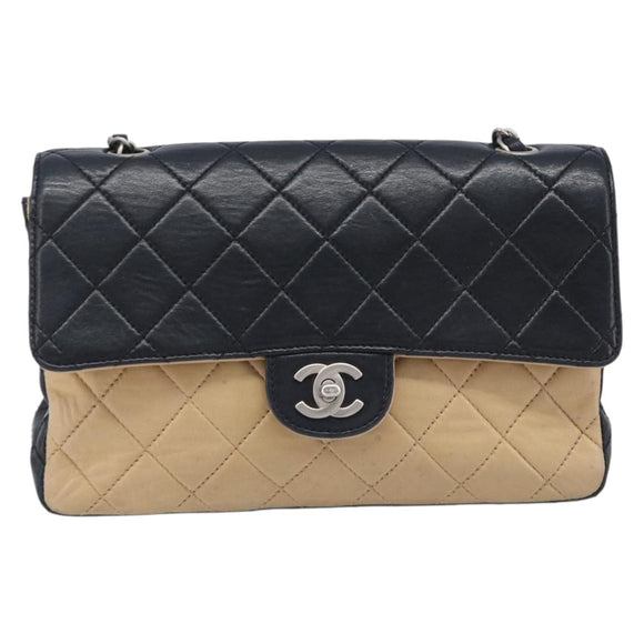 CHANEL Matelasse Chain Shoulder Bag Lamb Skin Black Beige CC Auth 210449V