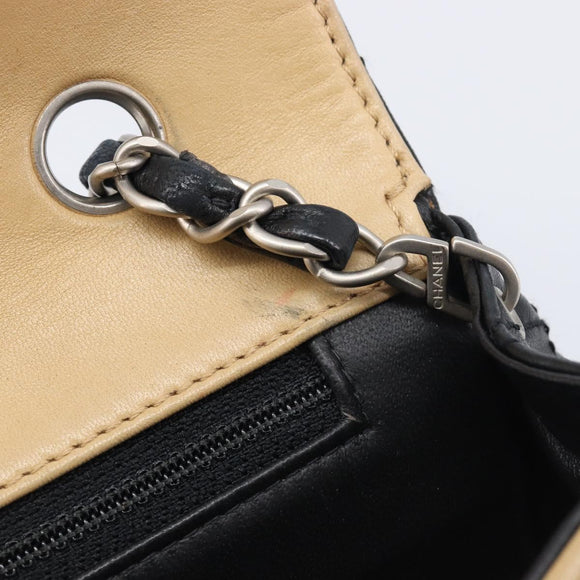 CHANEL Matelasse Chain Shoulder Bag Lamb Skin Black Beige CC Auth 210449V