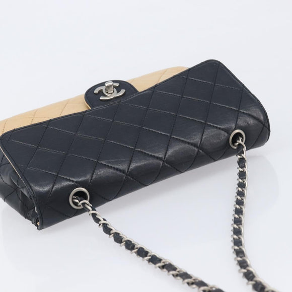 CHANEL Matelasse Chain Shoulder Bag Lamb Skin Black Beige CC Auth 210449V