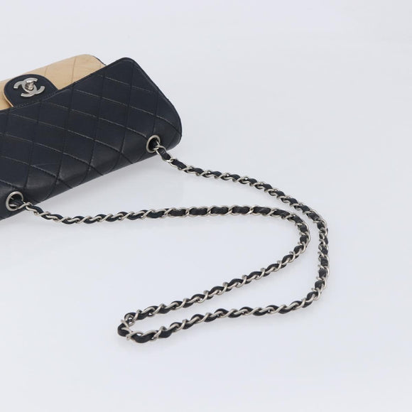 CHANEL Matelasse Chain Shoulder Bag Lamb Skin Black Beige CC Auth 210449V