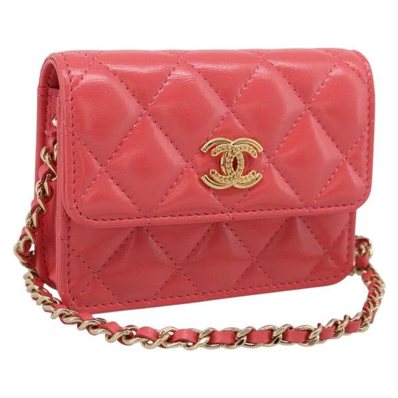 CHANEL Matelasse Chain Wallet Bag Lamb Skin Pink Gold CC Auth 210454SAM