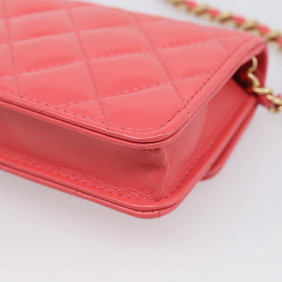 CHANEL Matelasse Chain Wallet Bag Lamb Skin Pink Gold CC Auth 210454SAM