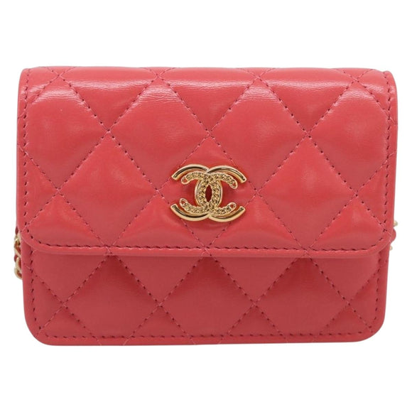 CHANEL Matelasse Chain Wallet Bag Lamb Skin Pink Gold CC Auth 210454SAM
