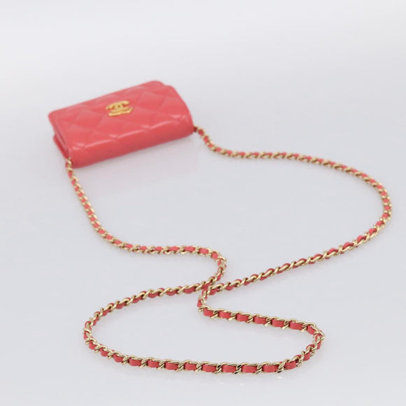 CHANEL Matelasse Chain Wallet Bag Lamb Skin Pink Gold CC Auth 210454SAM