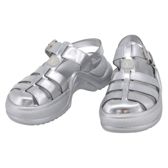 LOUIS VUITTON Sandals Leather 37 Silver LV Auth 210460M