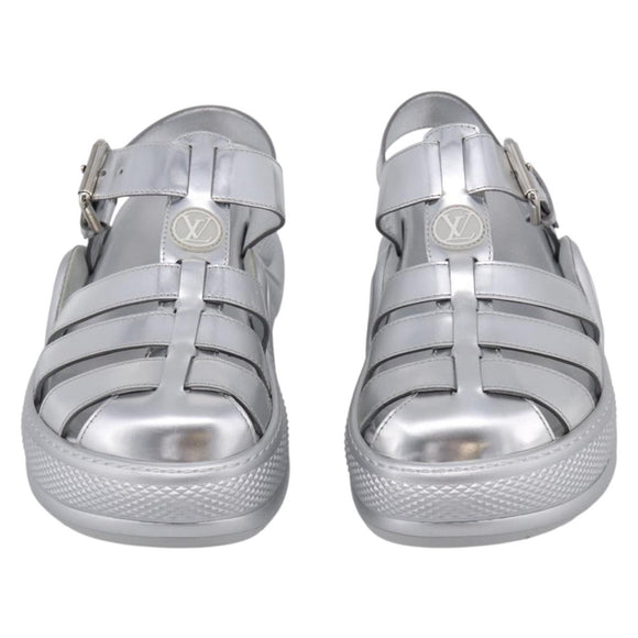 LOUIS VUITTON Sandals Leather 37 Silver LV Auth 210460M