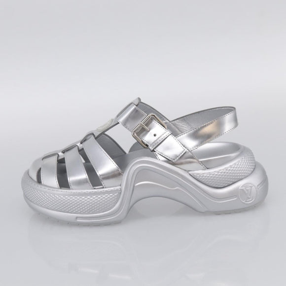 LOUIS VUITTON Sandals Leather 37 Silver LV Auth 210460M