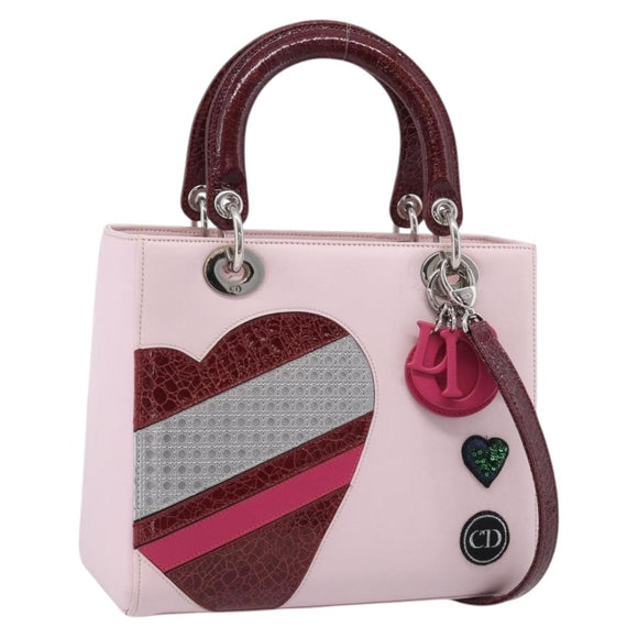 Christian Dior Lady Dior Medium Hand Bag Leather 2way Pink Silver Auth 210471SAM