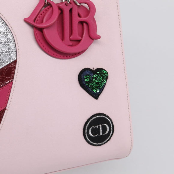 Christian Dior Lady Dior Medium Hand Bag Leather 2way Pink Silver Auth 210471SAM