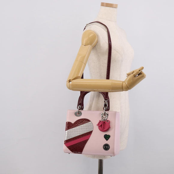 Christian Dior Lady Dior Medium Hand Bag Leather 2way Pink Silver Auth 210471SAM