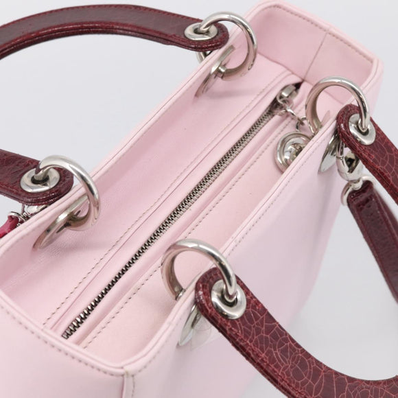 Christian Dior Lady Dior Medium Hand Bag Leather 2way Pink Silver Auth 210471SAM