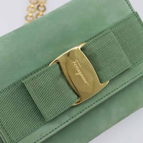 Salvatore Ferragamo Chain Shoulder Bag Suede Green Gold Auth 210472A