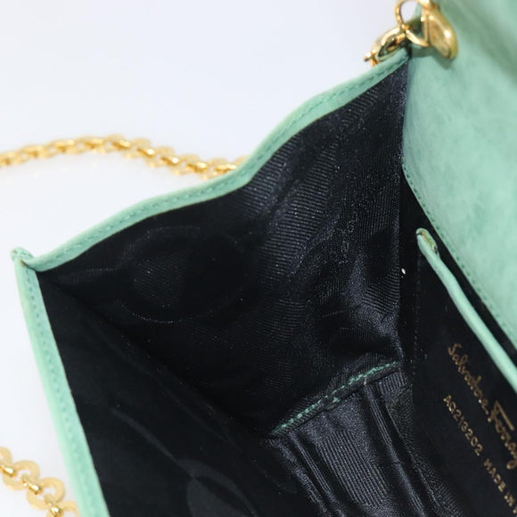 Salvatore Ferragamo Chain Shoulder Bag Suede Green Gold Auth 210472A